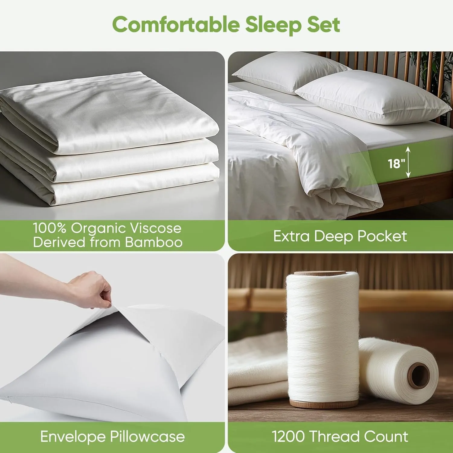 Luxury Sheet Set, Genuine 100% Organic Viscose Derived from Bamboo, Cooling & Breathable, Silky Soft, Bedding Sheets & Pillowcases(White, King)