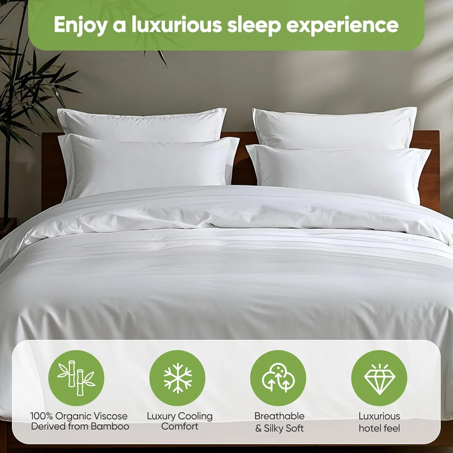 Luxury Sheet Set, Genuine 100% Organic Viscose Derived from Bamboo, Cooling & Breathable, Silky Soft, Bedding Sheets & Pillowcases(White, King)