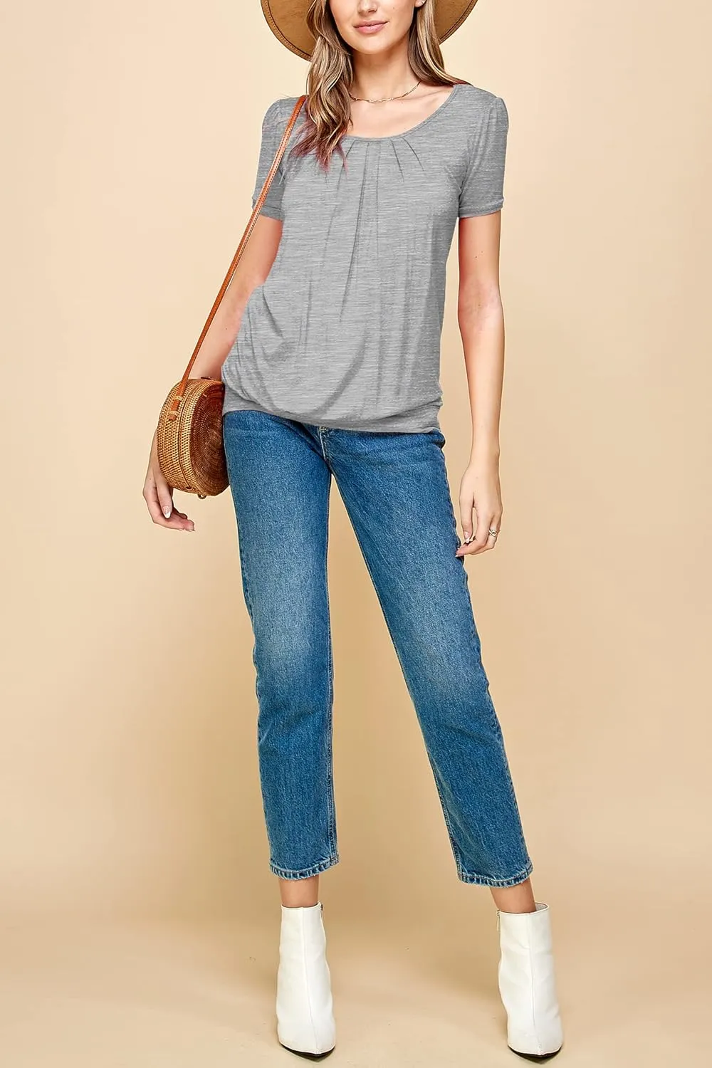 Made By Johnny Women's Scoop Neck Short Sleeve Pleated Front Blouse Tunic Top Plus Size