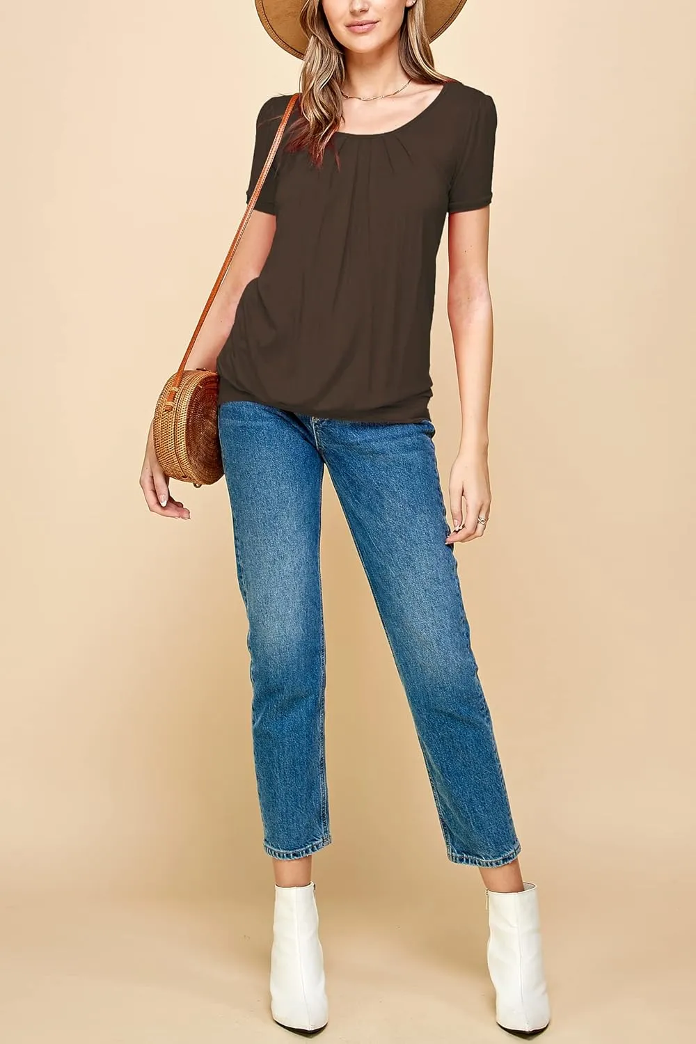 Made By Johnny Women's Scoop Neck Short Sleeve Pleated Front Blouse Tunic Top Plus Size