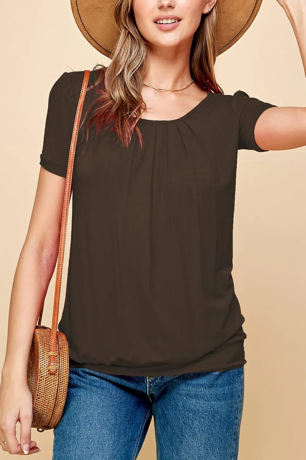Made By Johnny Women's Scoop Neck Short Sleeve Pleated Front Blouse Tunic Top Plus Size