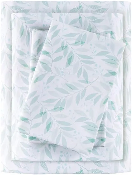 Madison Park Essentials 100% Cotton Sheets, Breathable&Soft Cotton Bed Sheets, Printed Design, Elastic Pocket Cotton Sheet Set Fits Up to 14" Mattress, All Season, Full Green Leaves 4 Piece