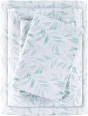 Madison Park Essentials 100% Cotton Sheets, Breathable&Soft Cotton Bed Sheets, Printed Design, Elastic Pocket Cotton Sheet Set Fits Up to 14" Mattress, All Season, Full Green Leaves 4 Piece