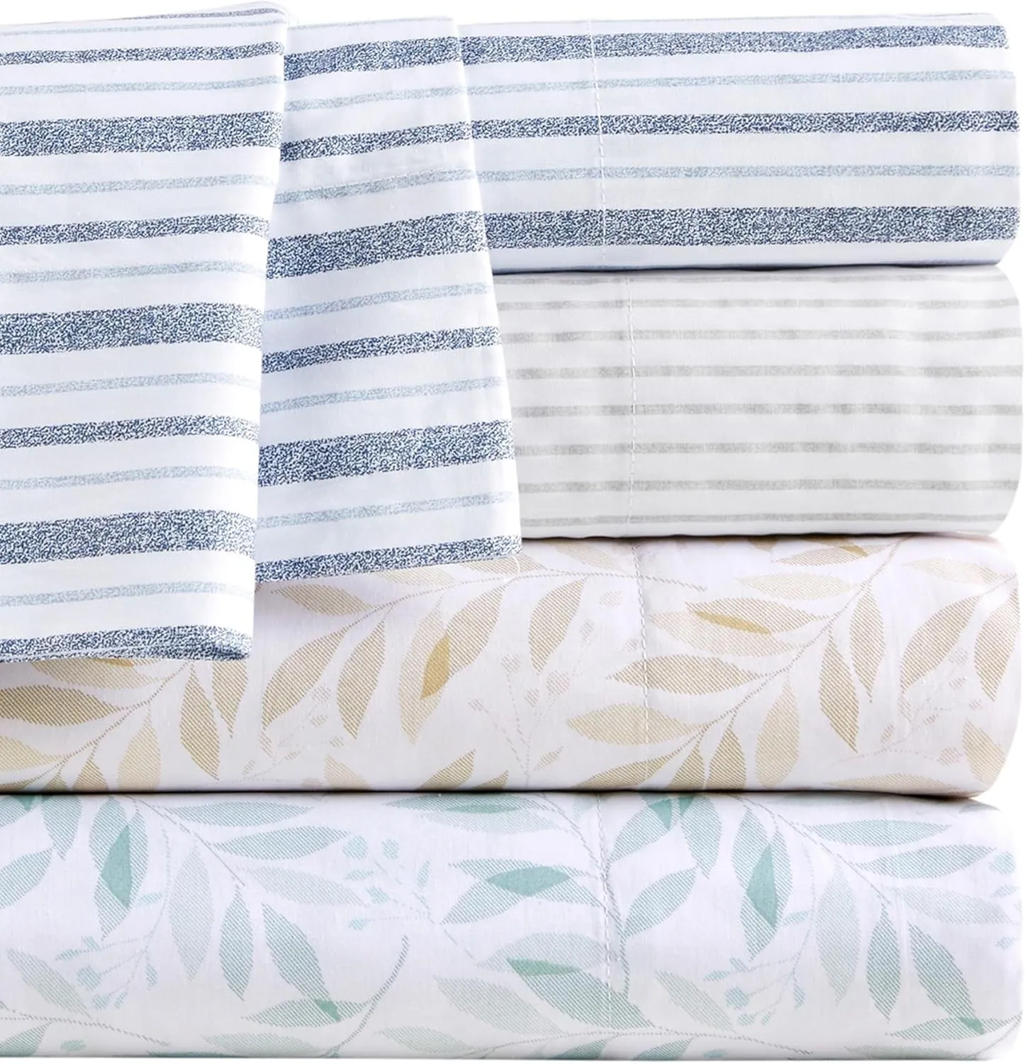 Madison Park Essentials 100% Cotton Sheets, Breathable&Soft Cotton Bed Sheets, Printed Design, Elastic Pocket Cotton Sheet Set Fits Up to 14" Mattress, All Season, Full Green Leaves 4 Piece