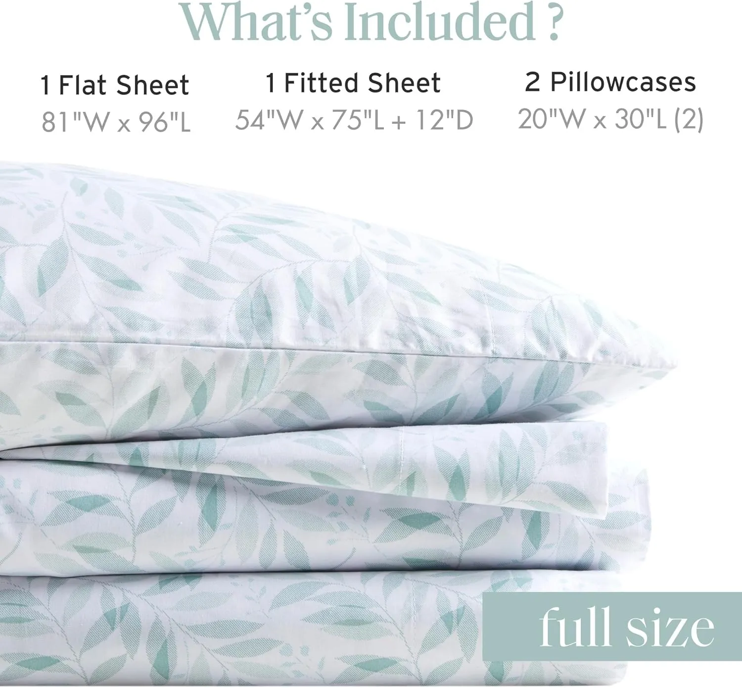 Madison Park Essentials 100% Cotton Sheets, Breathable&Soft Cotton Bed Sheets, Printed Design, Elastic Pocket Cotton Sheet Set Fits Up to 14" Mattress, All Season, Full Green Leaves 4 Piece