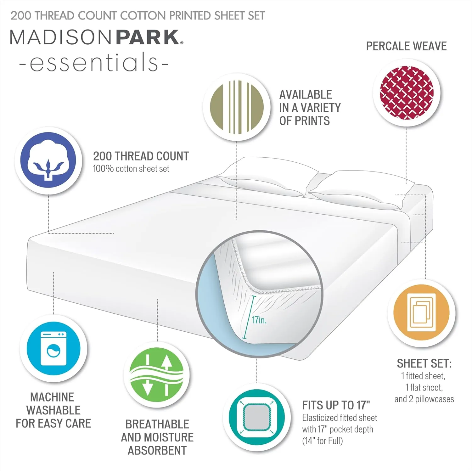 Madison Park Essentials 100% Cotton Sheets, Breathable&Soft Cotton Bed Sheets, Printed Design, Elastic Pocket Cotton Sheet Set Fits Up to 14" Mattress, All Season, Full Green Leaves 4 Piece