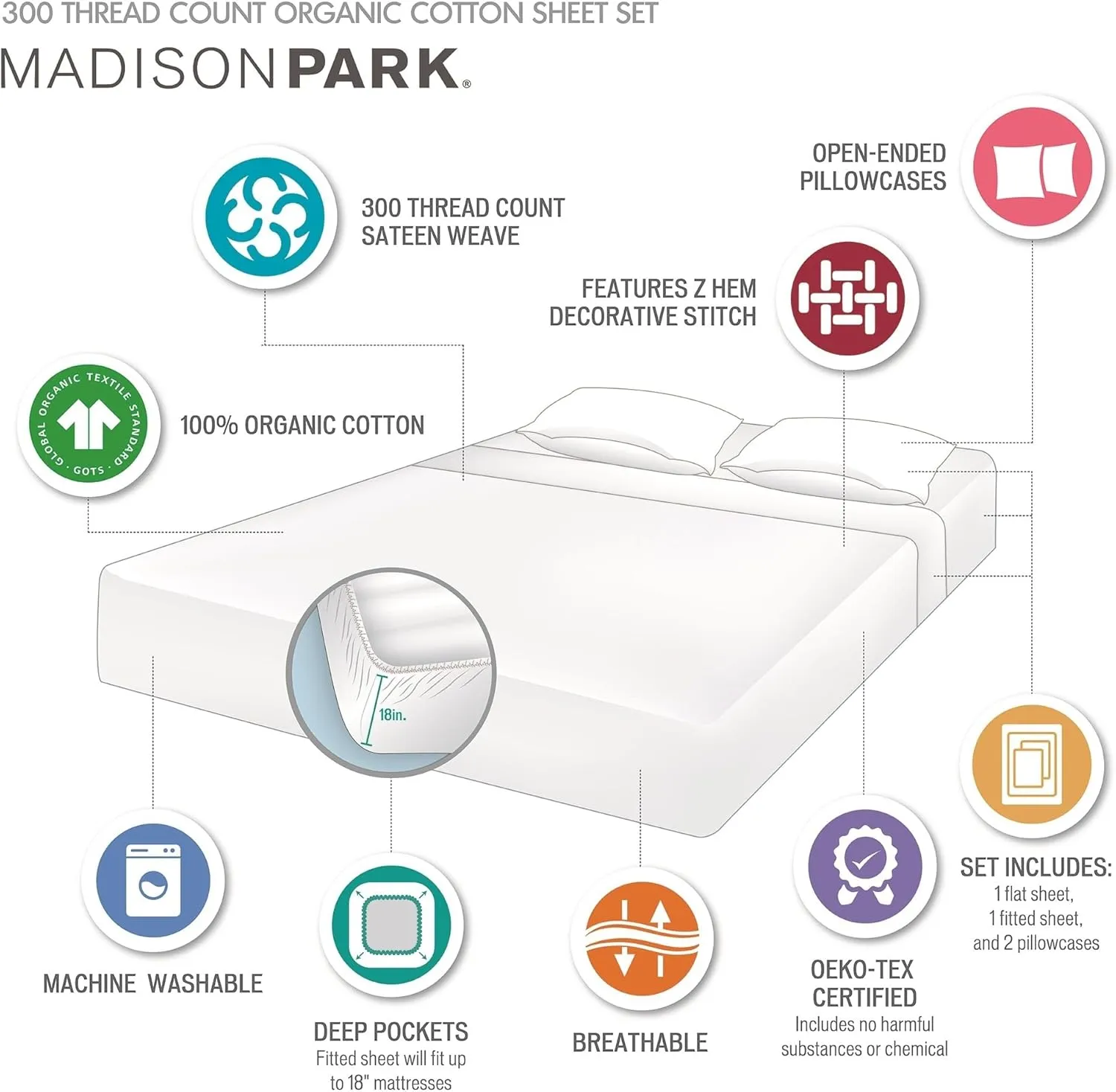 Madison Park Organic Cotton Sheet Soft & Breathable 300TC Cotton Sheets, Elastic Deep Pocket Sheet Set Fits Up to 18" Mattress, All Seasons, Lightweight, 100% Cotton Bed Sheets, Queen Grey 4 Piece