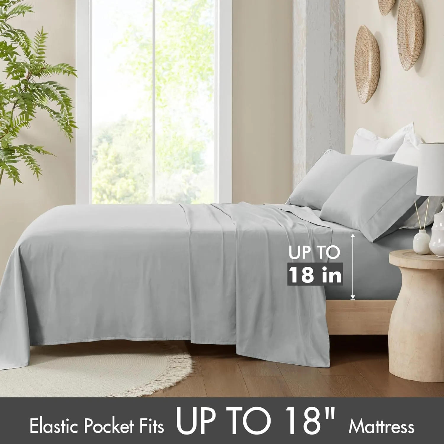 Madison Park Organic Cotton Sheet Soft & Breathable 300TC Cotton Sheets, Elastic Deep Pocket Sheet Set Fits Up to 18" Mattress, All Seasons, Lightweight, 100% Cotton Bed Sheets, Queen Grey 4 Piece