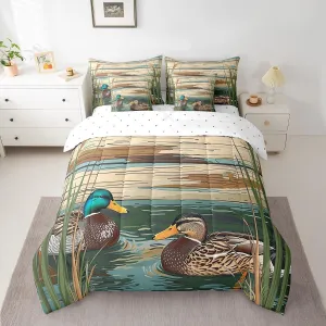 Manfei 7 Pieces Duck Kids Comforter Set King Size, Wild Mandarin Duck Bedding Set for Boys Girls Room Decor, Retro Wooden Plank Bed in a Bag with Comforter, Fitted Sheet, Top Sheet and Pillowcases