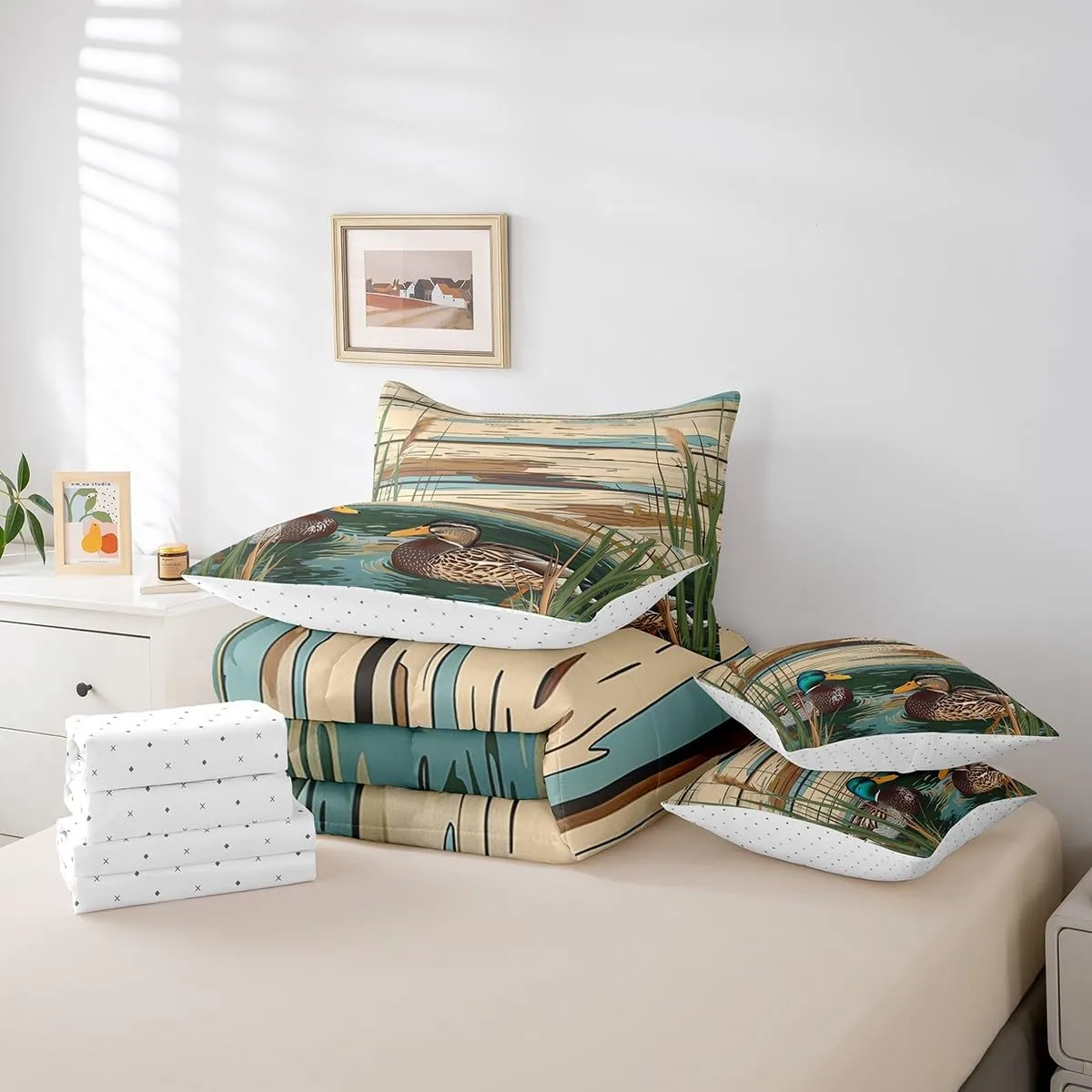 Manfei 7 Pieces Duck Kids Comforter Set King Size, Wild Mandarin Duck Bedding Set for Boys Girls Room Decor, Retro Wooden Plank Bed in a Bag with Comforter, Fitted Sheet, Top Sheet and Pillowcases