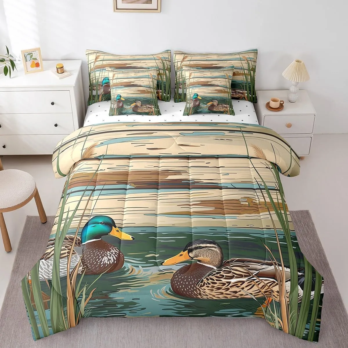 Manfei 7 Pieces Duck Kids Comforter Set King Size, Wild Mandarin Duck Bedding Set for Boys Girls Room Decor, Retro Wooden Plank Bed in a Bag with Comforter, Fitted Sheet, Top Sheet and Pillowcases