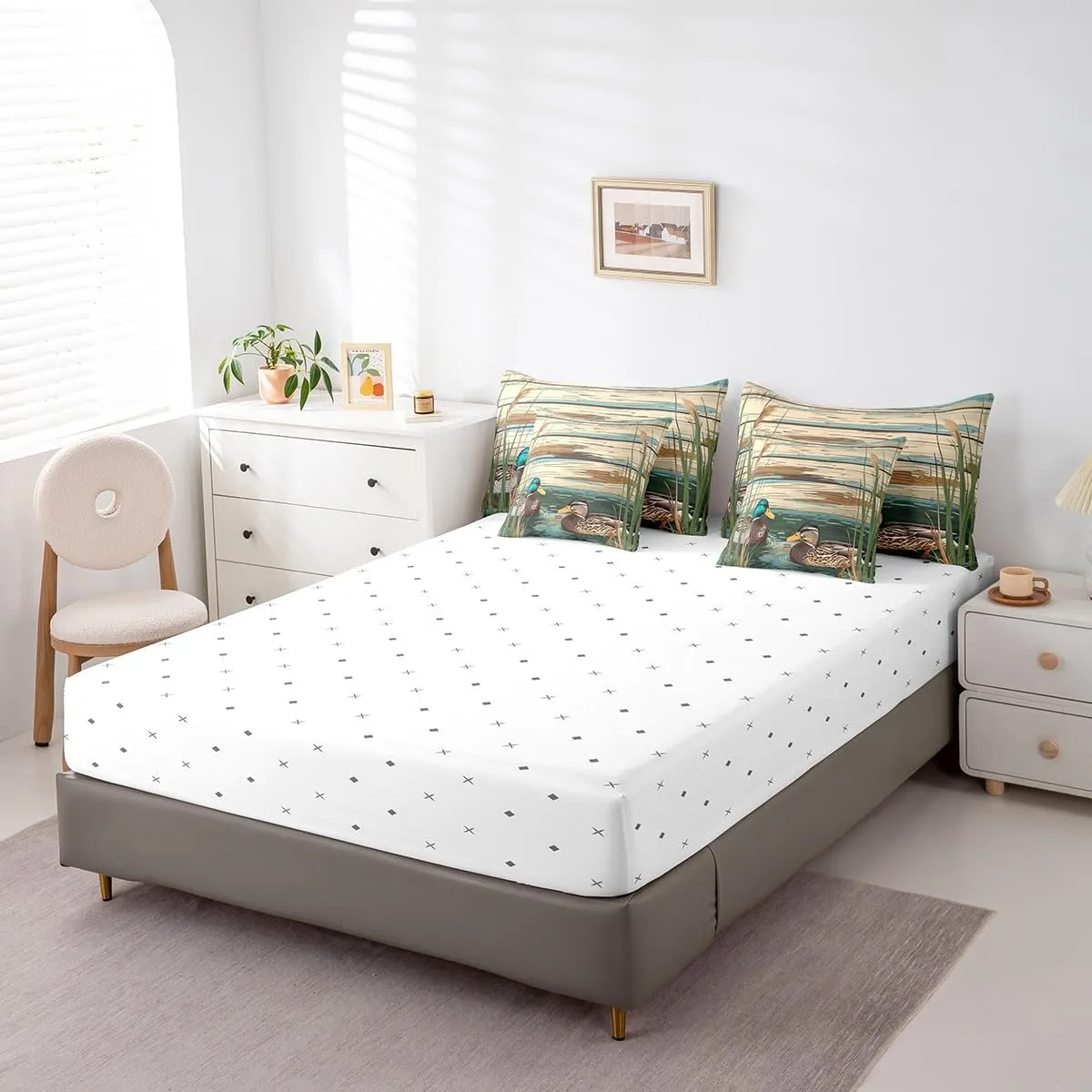 Manfei 7 Pieces Duck Kids Comforter Set King Size, Wild Mandarin Duck Bedding Set for Boys Girls Room Decor, Retro Wooden Plank Bed in a Bag with Comforter, Fitted Sheet, Top Sheet and Pillowcases