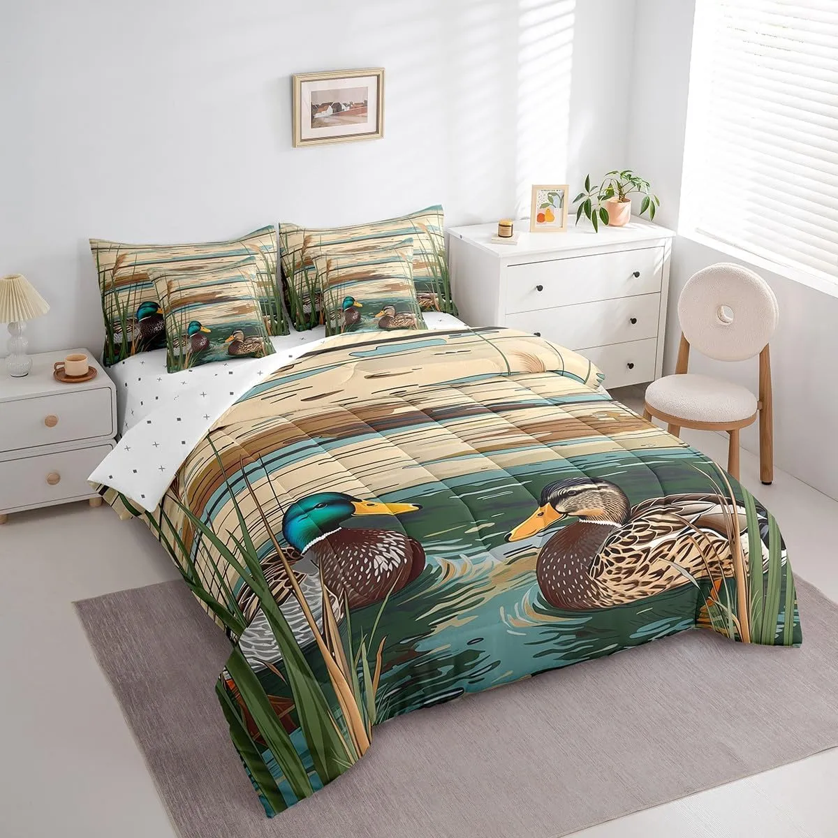 Manfei 7 Pieces Duck Kids Comforter Set King Size, Wild Mandarin Duck Bedding Set for Boys Girls Room Decor, Retro Wooden Plank Bed in a Bag with Comforter, Fitted Sheet, Top Sheet and Pillowcases