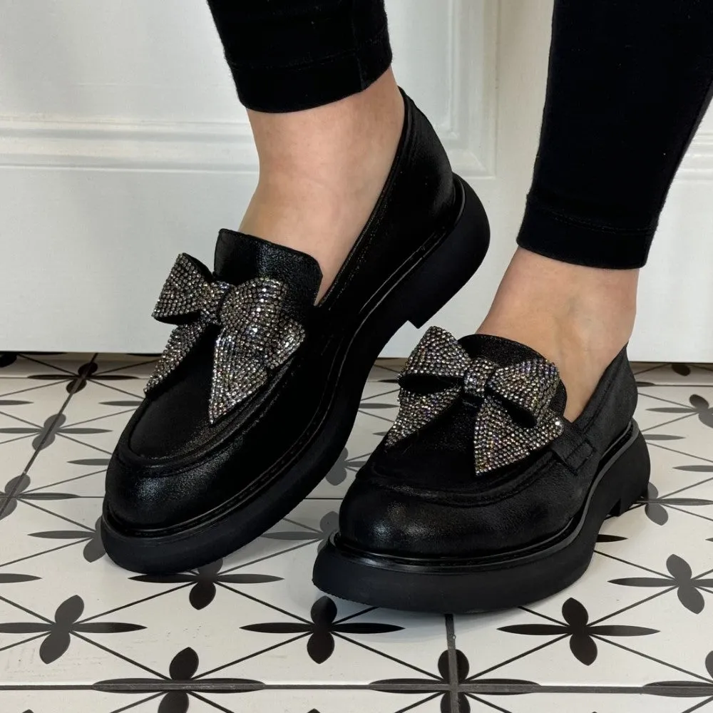Marian 9106 Diamonte Bow Loafer-BLACK