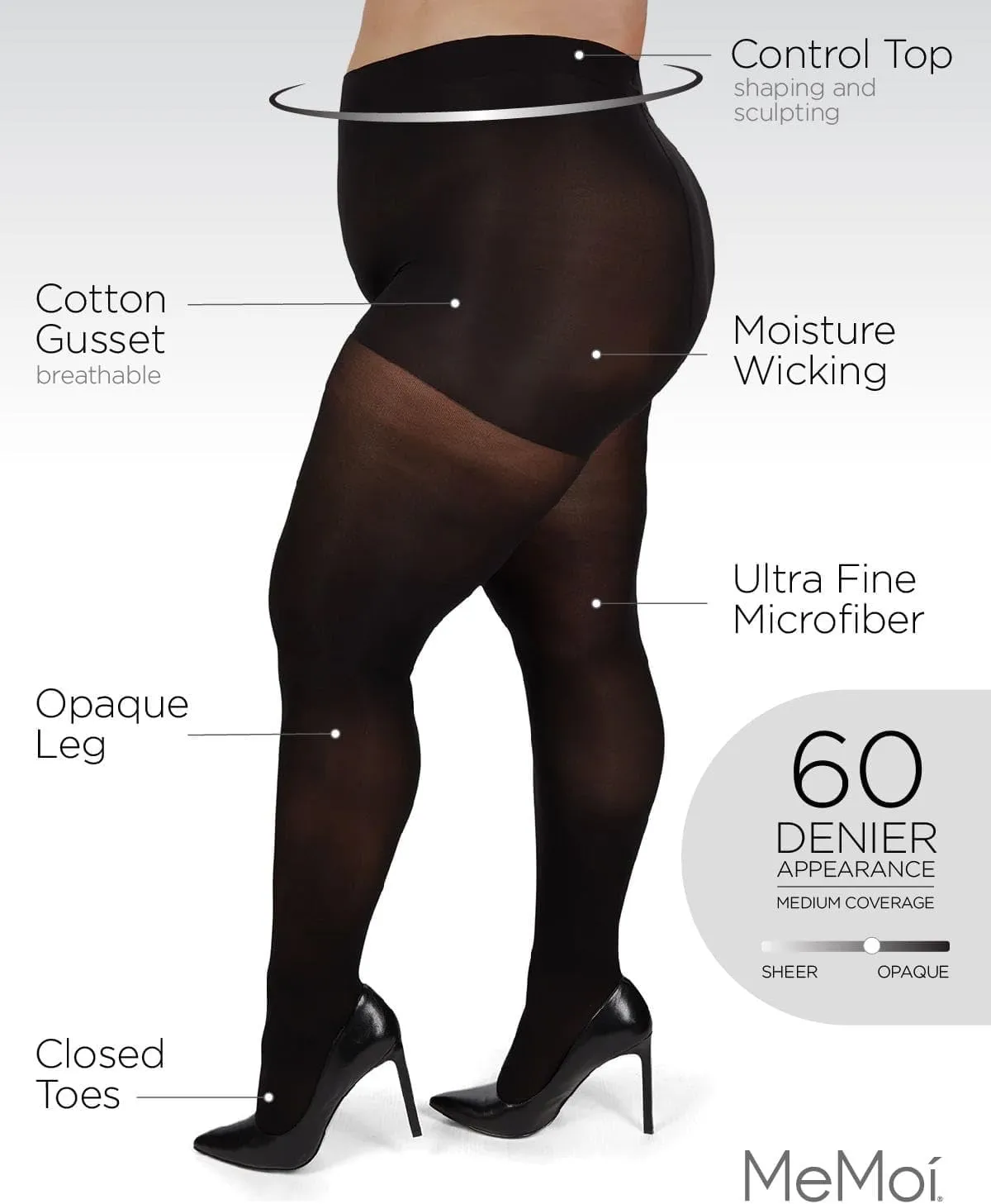 MeMoi Plus Size Curvy Control Top Tights, Comfortable and Lightweight Tummy Control Tights - Sizes 1X-7X