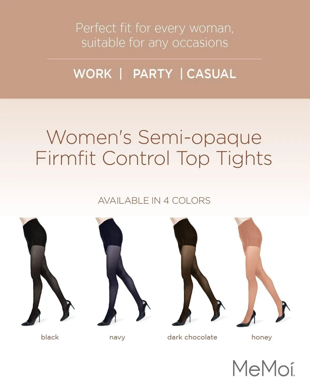 MeMoi Semi-Opaque Tights, Comfortable and Lightweight Control Top Tights, 40 Deneir - Sizes Small to Q2
