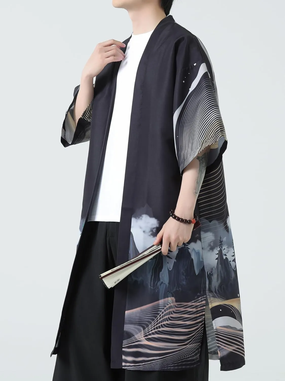 Men Japanese Kimono Coat Loose Yukata Outwear Long Bathrobe Tops Vintage