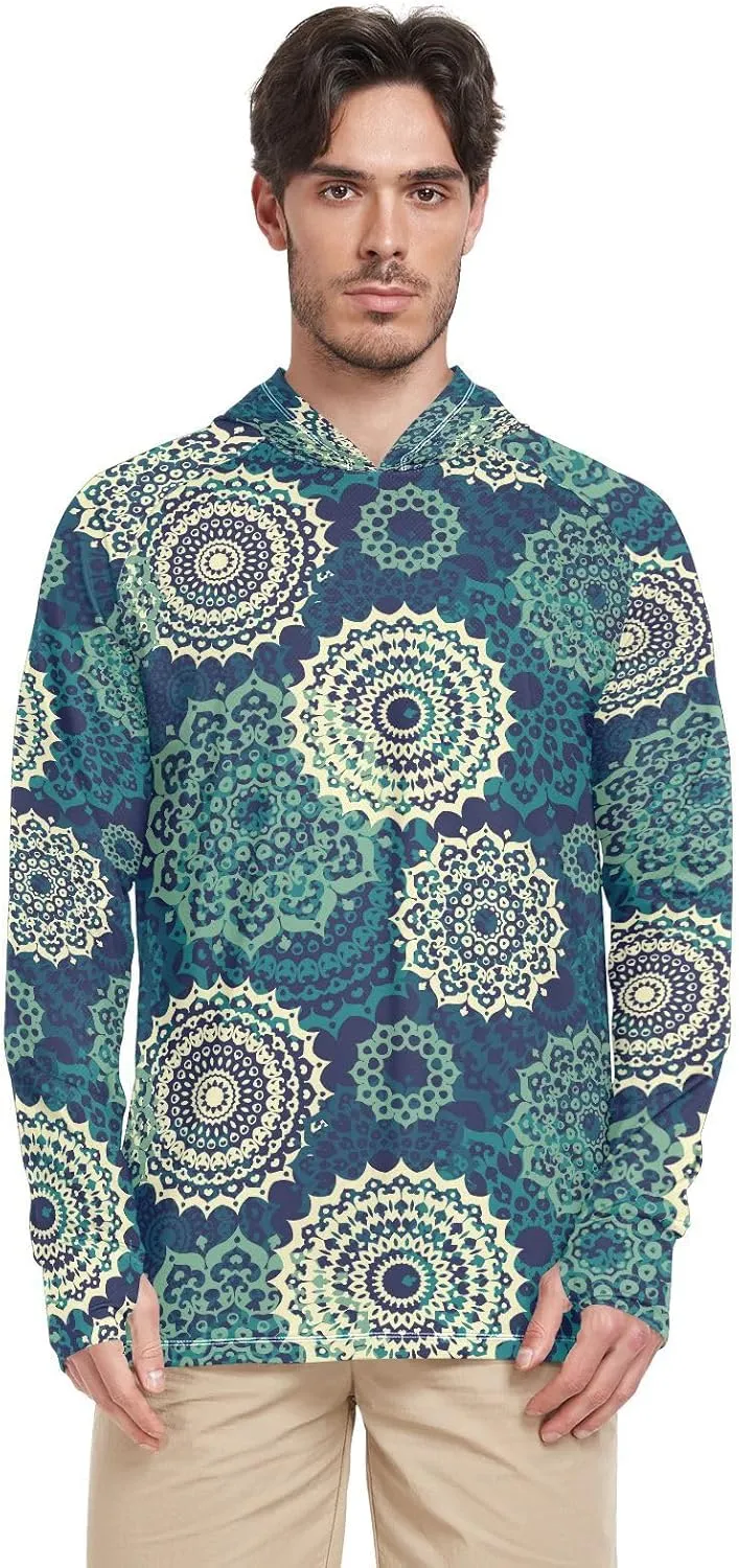 Mens Hoodie Sun Protection Long Sleeve Bohemian Mandala Sun Shirt with Hood UPF 50  Cooling Hoodies UV Rash Guard