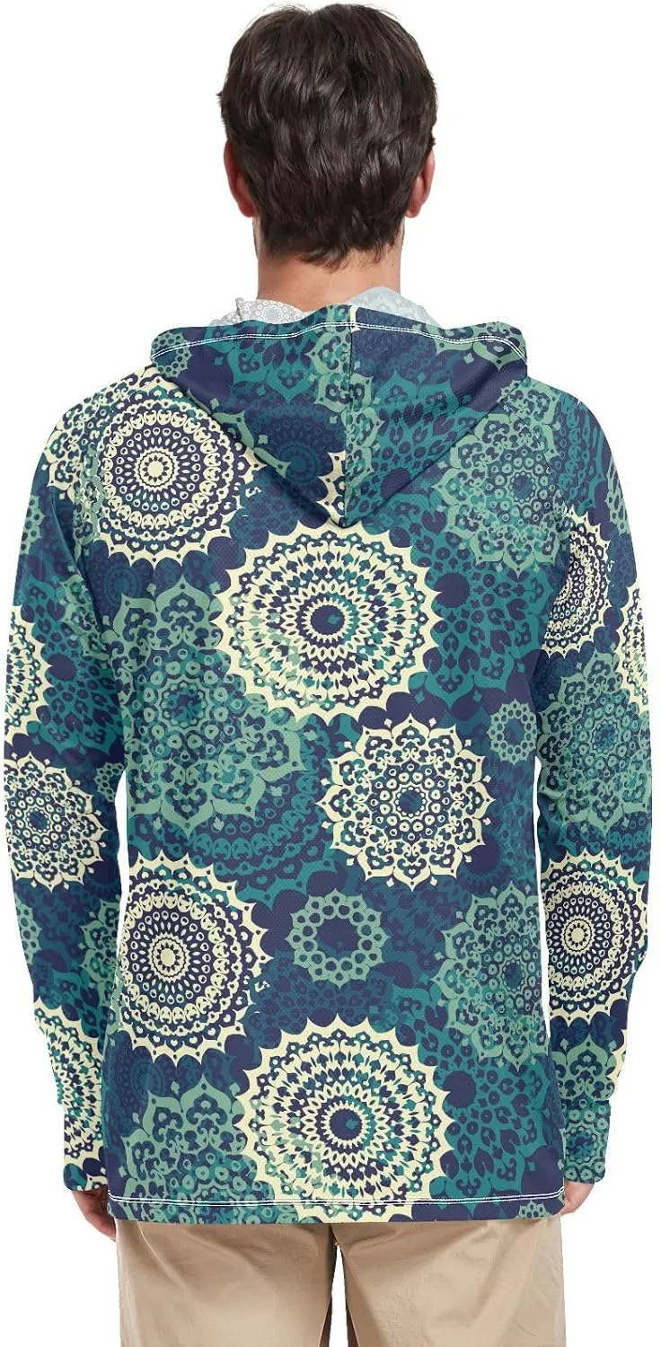 Mens Hoodie Sun Protection Long Sleeve Bohemian Mandala Sun Shirt with Hood UPF 50  Cooling Hoodies UV Rash Guard