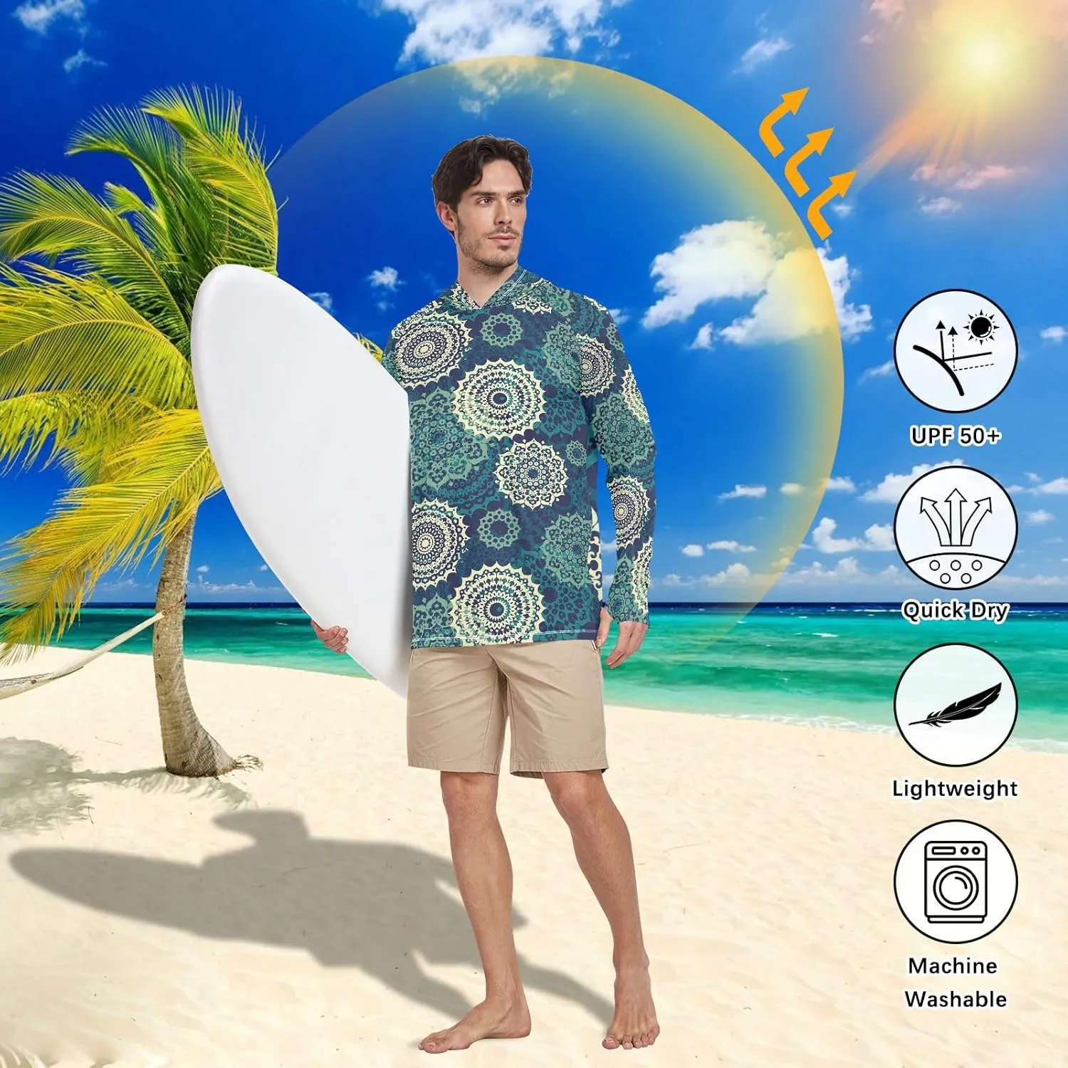Mens Hoodie Sun Protection Long Sleeve Bohemian Mandala Sun Shirt with Hood UPF 50  Cooling Hoodies UV Rash Guard