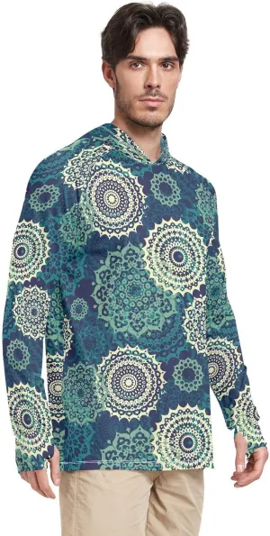 Mens Hoodie Sun Protection Long Sleeve Bohemian Mandala Sun Shirt with Hood UPF 50  Cooling Hoodies UV Rash Guard