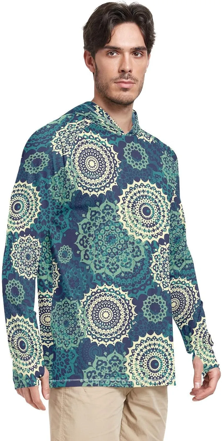 Mens Hoodie Sun Protection Long Sleeve Bohemian Mandala Sun Shirt with Hood UPF 50  Cooling Hoodies UV Rash Guard