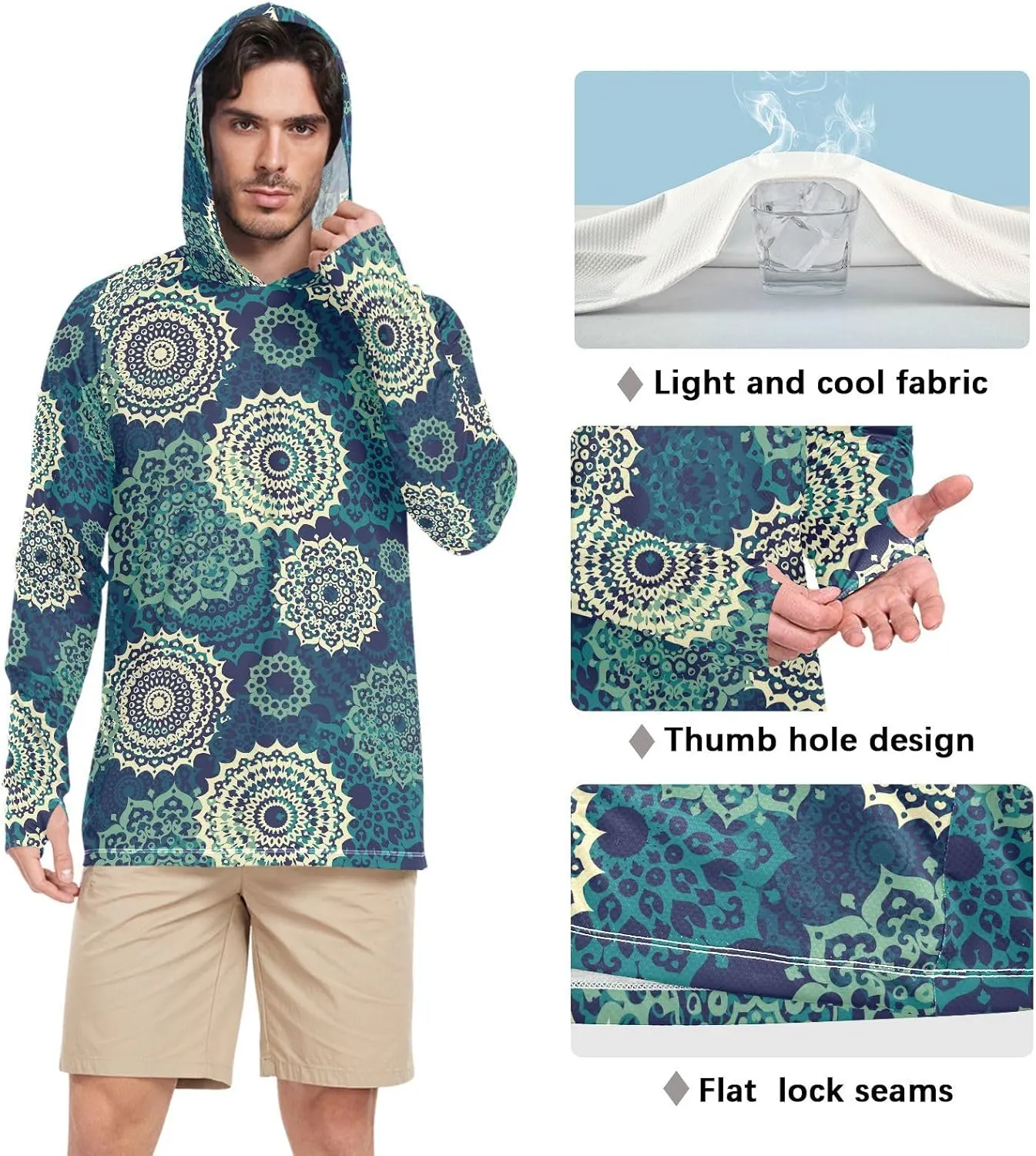Mens Hoodie Sun Protection Long Sleeve Bohemian Mandala Sun Shirt with Hood UPF 50  Cooling Hoodies UV Rash Guard