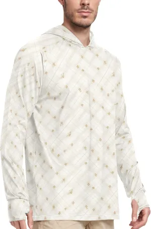 Mens Hoodie Sun Protection Long Sleeve Fishing Shirt UPF 50  Fishing Shirt Rash Guard Hooded Ivory White Gingham
