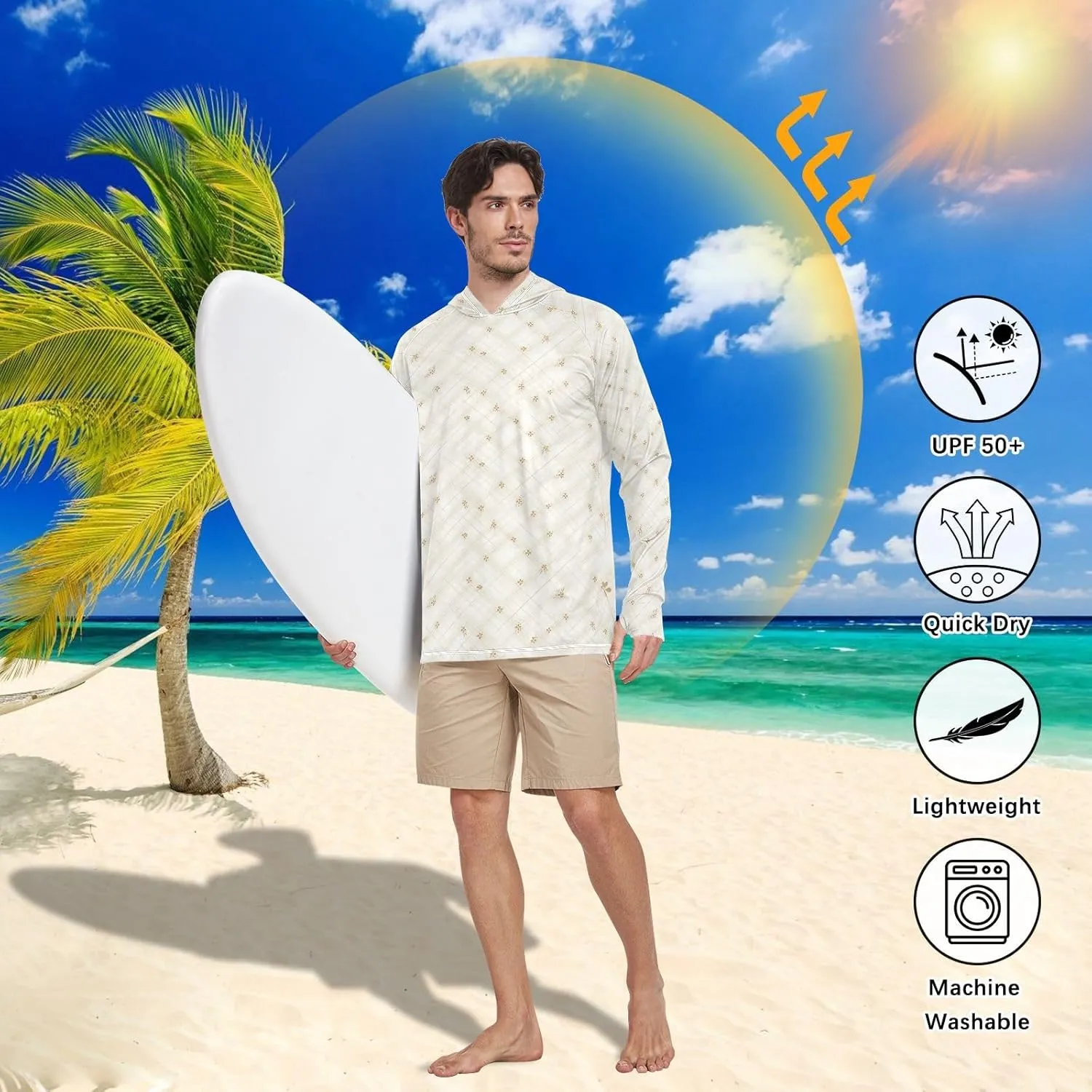 Mens Hoodie Sun Protection Long Sleeve Fishing Shirt UPF 50  Fishing Shirt Rash Guard Hooded Ivory White Gingham