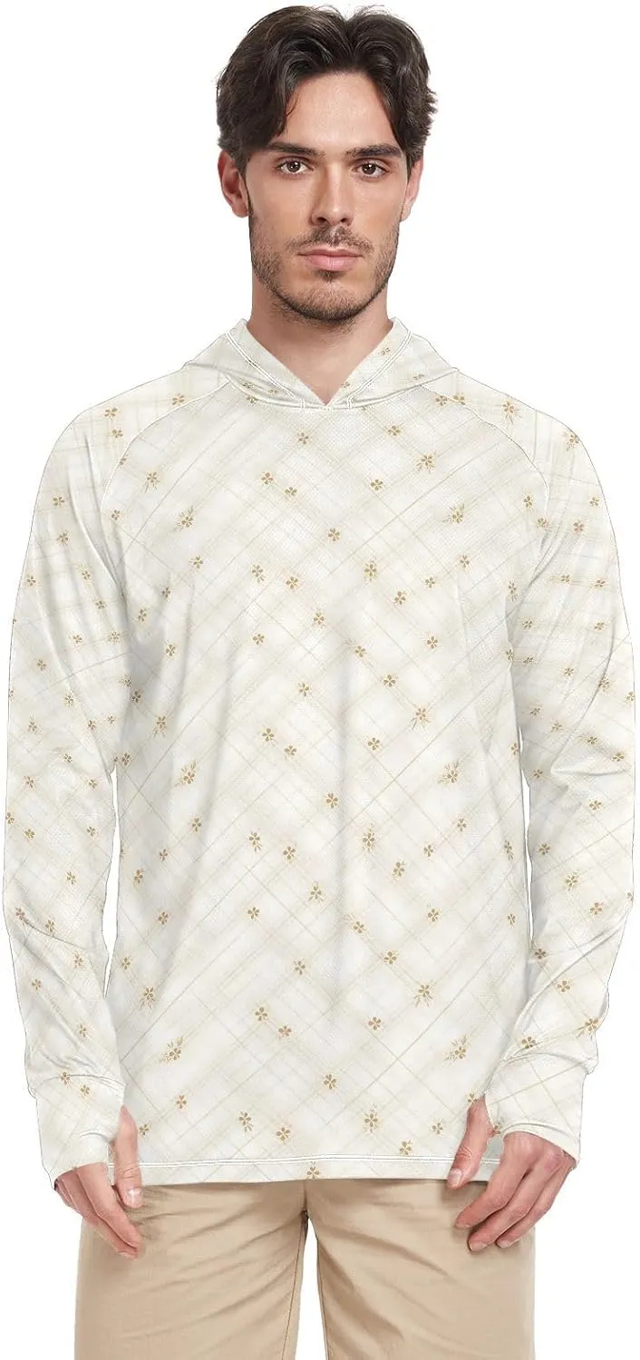 Mens Hoodie Sun Protection Long Sleeve Fishing Shirt UPF 50  Fishing Shirt Rash Guard Hooded Ivory White Gingham