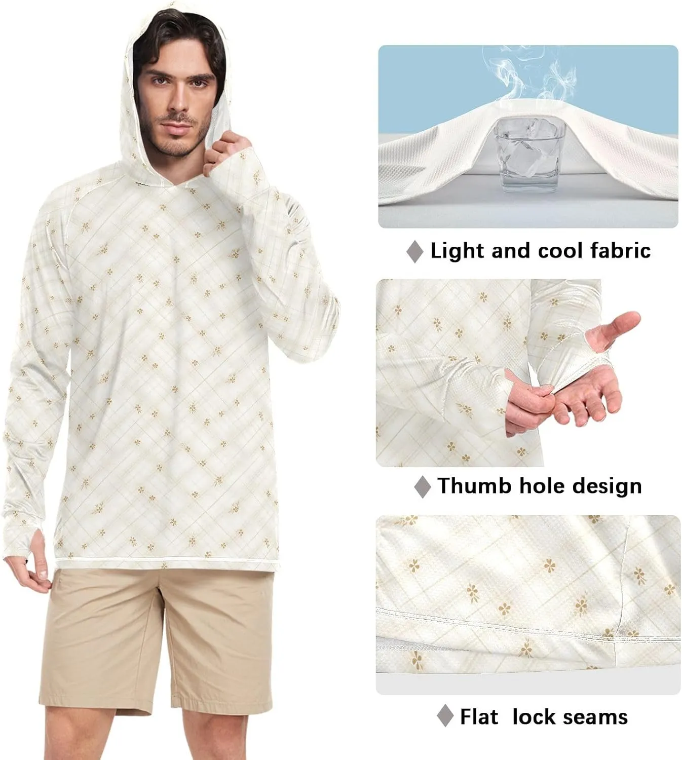 Mens Hoodie Sun Protection Long Sleeve Fishing Shirt UPF 50  Fishing Shirt Rash Guard Hooded Ivory White Gingham