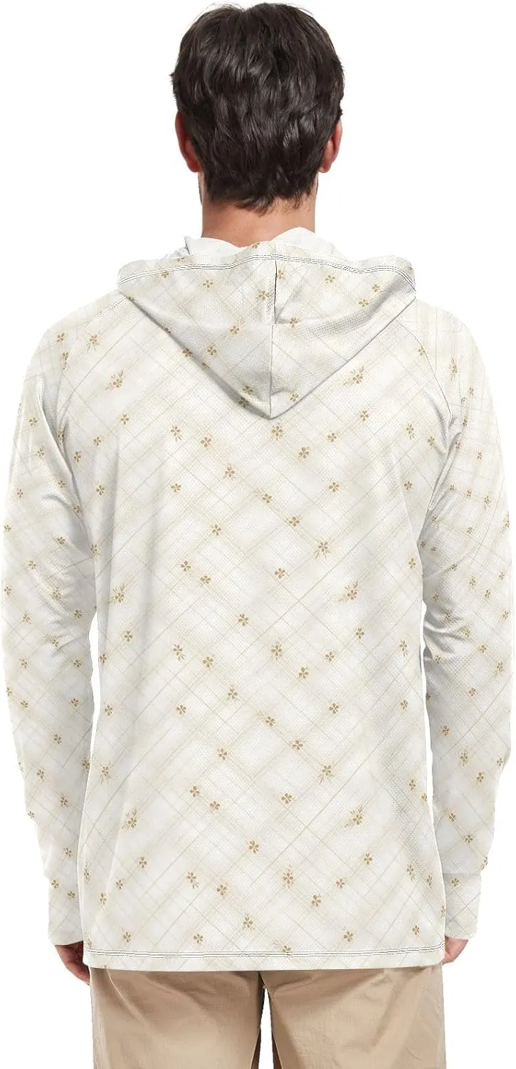Mens Hoodie Sun Protection Long Sleeve Fishing Shirt UPF 50  Fishing Shirt Rash Guard Hooded Ivory White Gingham