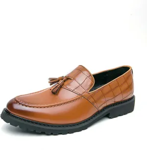 Men's Leather Slip-On Platform Tassel Loafers Fashion Round Toe Non-Slip Low Top Slip-On Business Dress Shoes for Driving Party Office