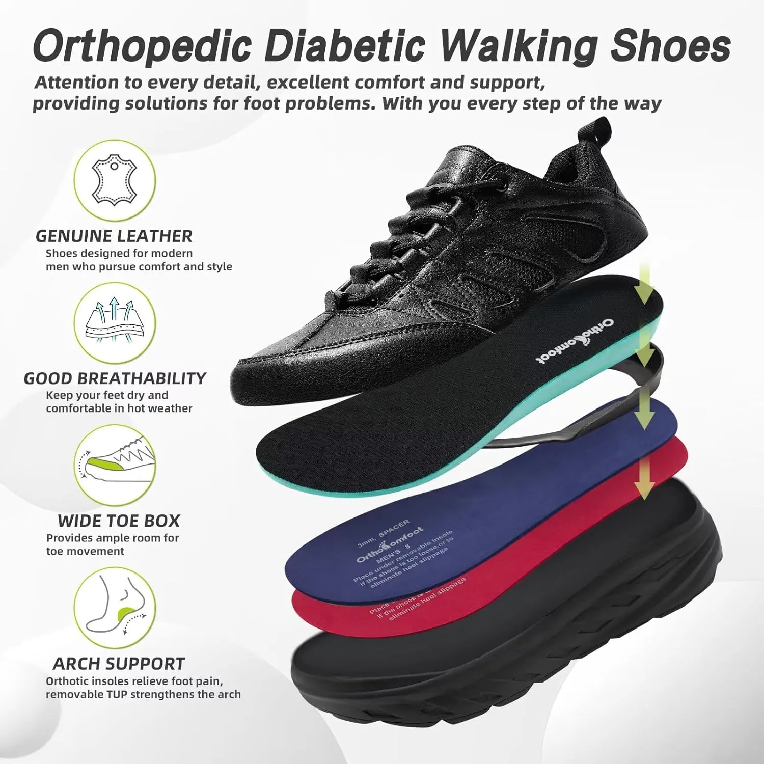 Men's Orthopedic Wide Leather Dress Shoes: Diabetic Arch Support Plantar Fasciitis Comfortable Casual Walking Shoes, Orthotic Flat Feet Work Tennis Sneakers for Swollen Feet and Heel Pain Relief