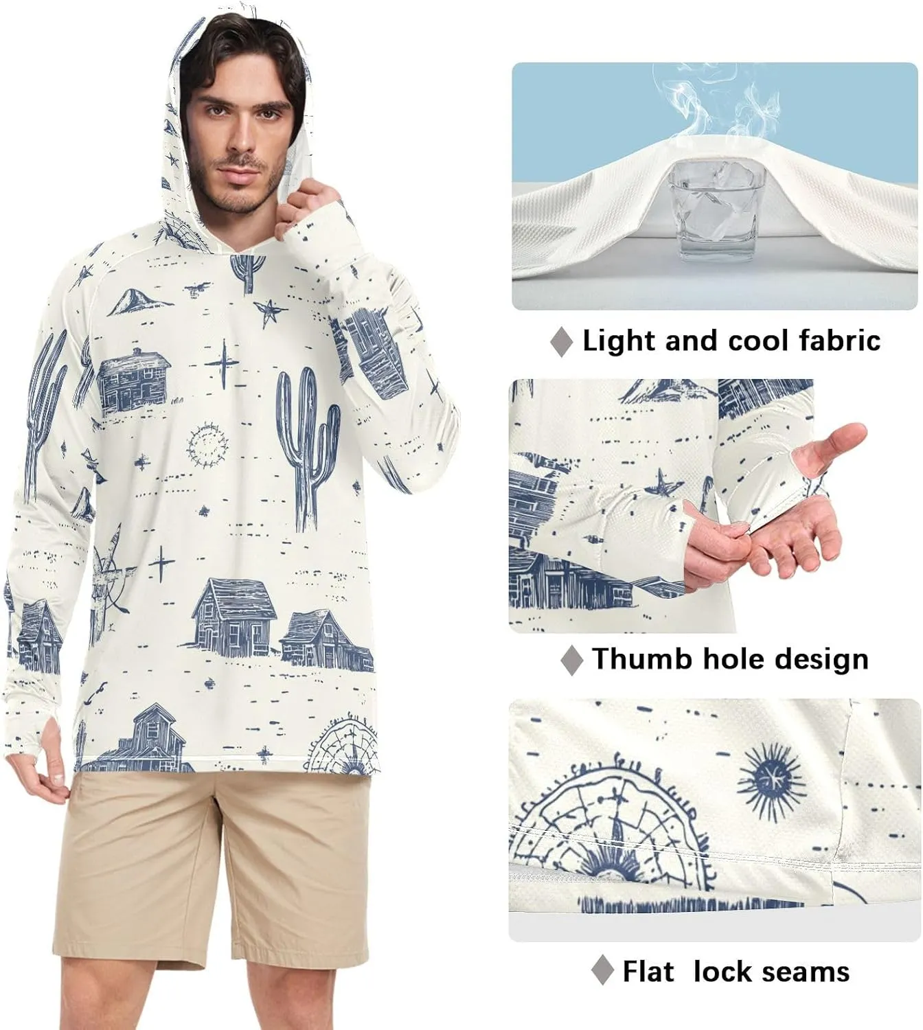 Mens Sun Hoodie Shirts UV Protection Long Sleeve Lightweight UPF 50  Rash Guard UV Shirts