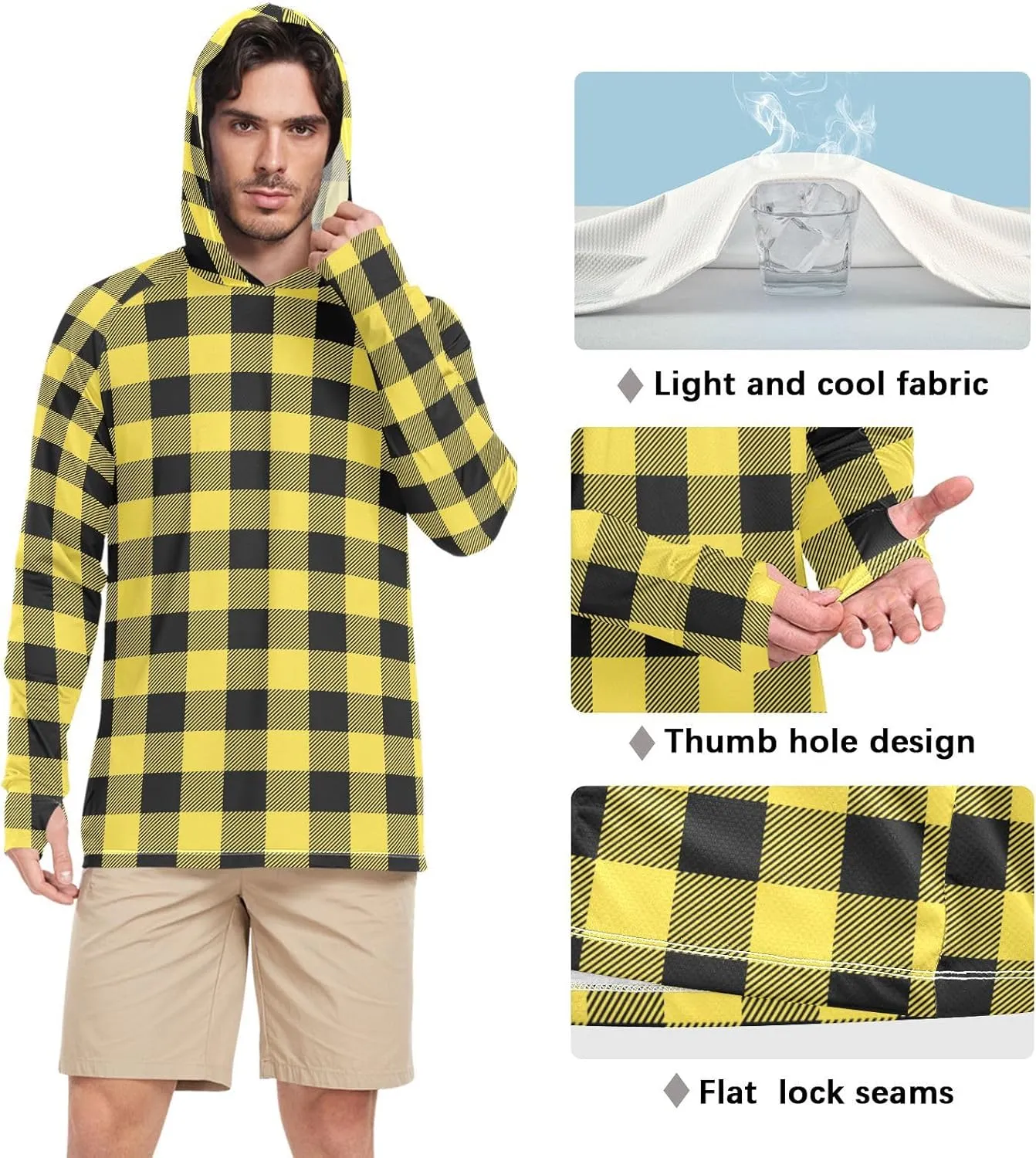 Men's Sun Protection Hoodie Long Sleeve Plaid Sun Shirt with Hood UPF 50 Sun Proof Shirts Mens Rash Guard