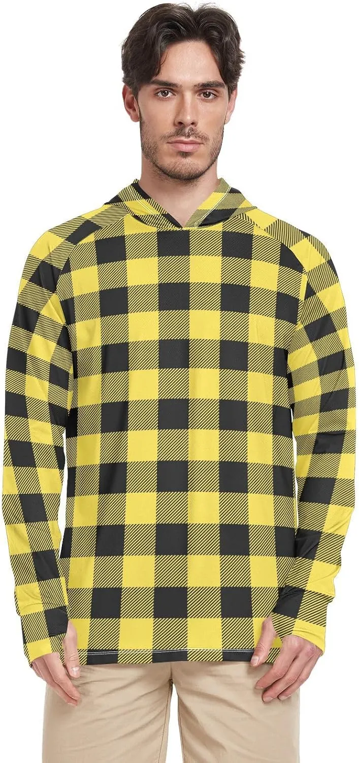 Men's Sun Protection Hoodie Long Sleeve Plaid Sun Shirt with Hood UPF 50 Sun Proof Shirts Mens Rash Guard