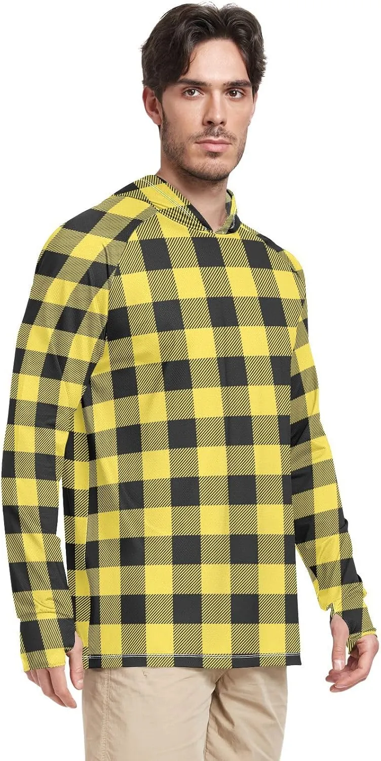 Men's Sun Protection Hoodie Long Sleeve Plaid Sun Shirt with Hood UPF 50 Sun Proof Shirts Mens Rash Guard