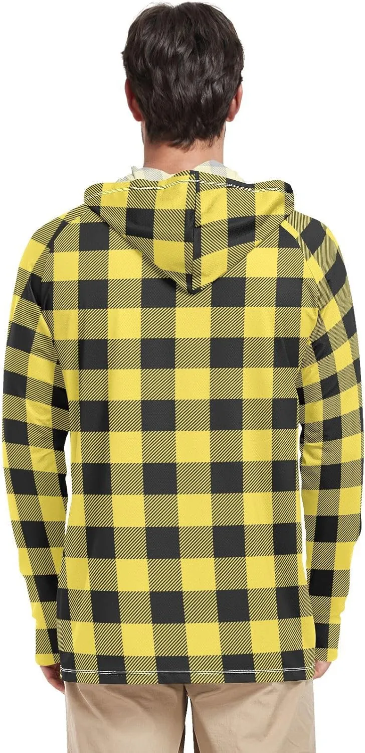 Men's Sun Protection Hoodie Long Sleeve Plaid Sun Shirt with Hood UPF 50 Sun Proof Shirts Mens Rash Guard