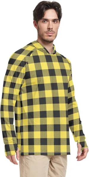 Men's Sun Protection Hoodie Long Sleeve Plaid Sun Shirt with Hood UPF 50 Sun Proof Shirts Mens Rash Guard