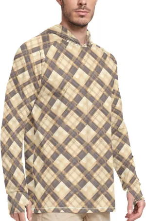 Men's Sun Protection Hoodie Long Sleeve UPF 50   Sun Shirt with Hood Fishing Shirt Rash Guard for Men Khaki Gingham