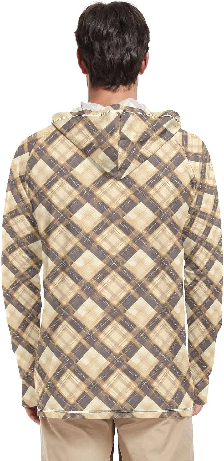 Men's Sun Protection Hoodie Long Sleeve UPF 50   Sun Shirt with Hood Fishing Shirt Rash Guard for Men Khaki Gingham