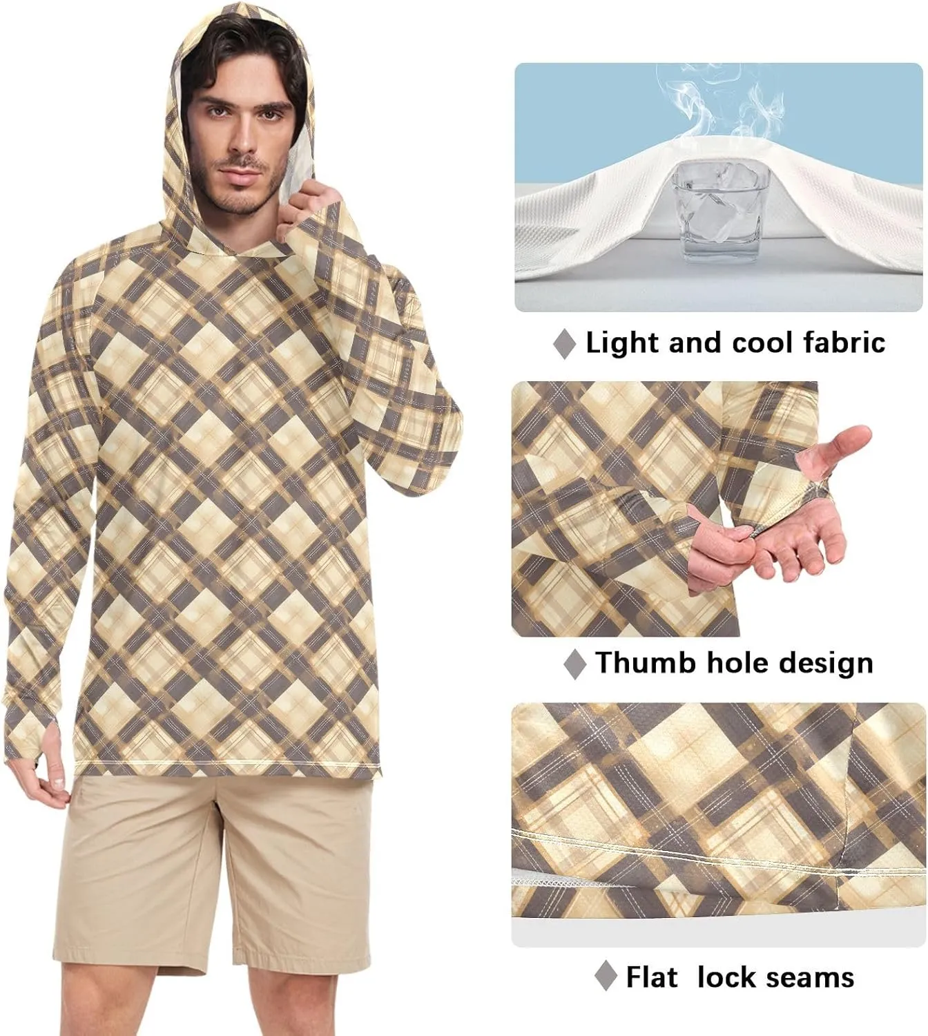 Men's Sun Protection Hoodie Long Sleeve UPF 50   Sun Shirt with Hood Fishing Shirt Rash Guard for Men Khaki Gingham