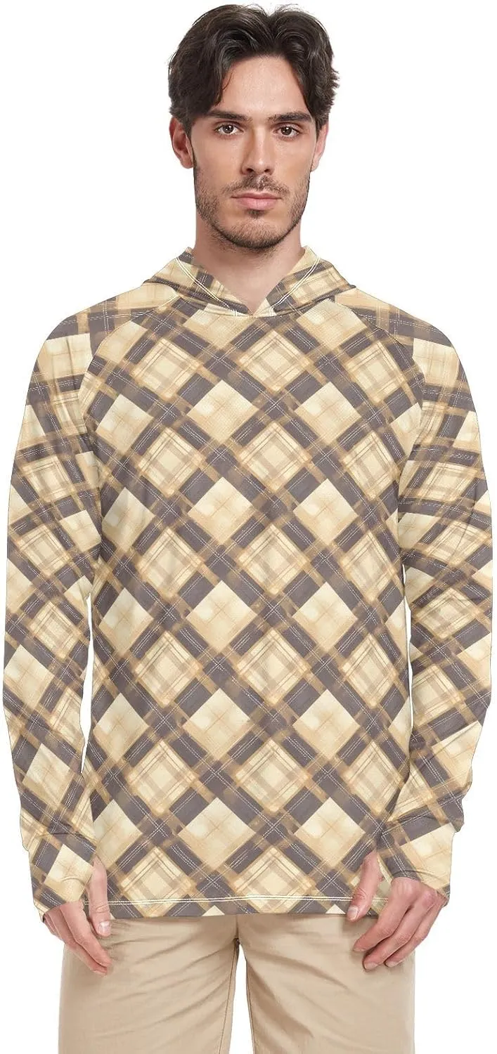 Men's Sun Protection Hoodie Long Sleeve UPF 50   Sun Shirt with Hood Fishing Shirt Rash Guard for Men Khaki Gingham