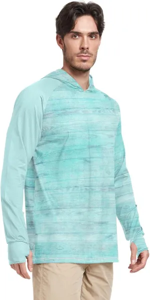 Mens Sun Shirts Protection Long Sleeve Rustic Turquoise Wood Sun Shirt with Hood UPF 50  Hooded Fishing Shirts UV