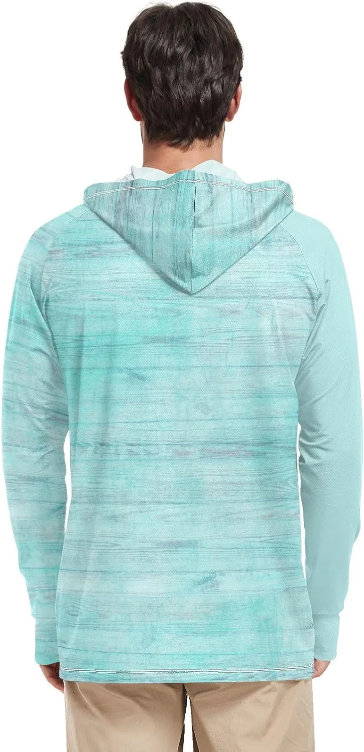 Mens Sun Shirts Protection Long Sleeve Rustic Turquoise Wood Sun Shirt with Hood UPF 50  Hooded Fishing Shirts UV
