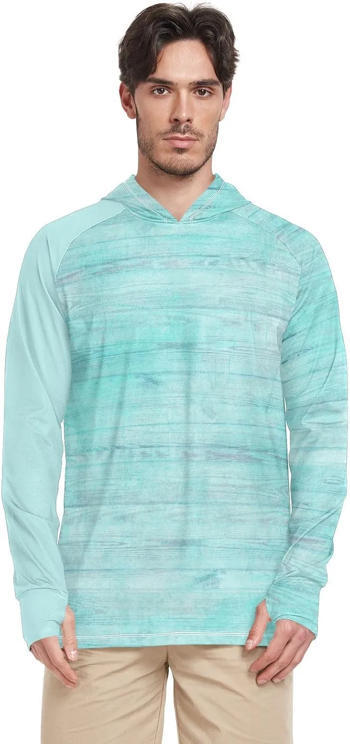 Mens Sun Shirts Protection Long Sleeve Rustic Turquoise Wood Sun Shirt with Hood UPF 50  Hooded Fishing Shirts UV