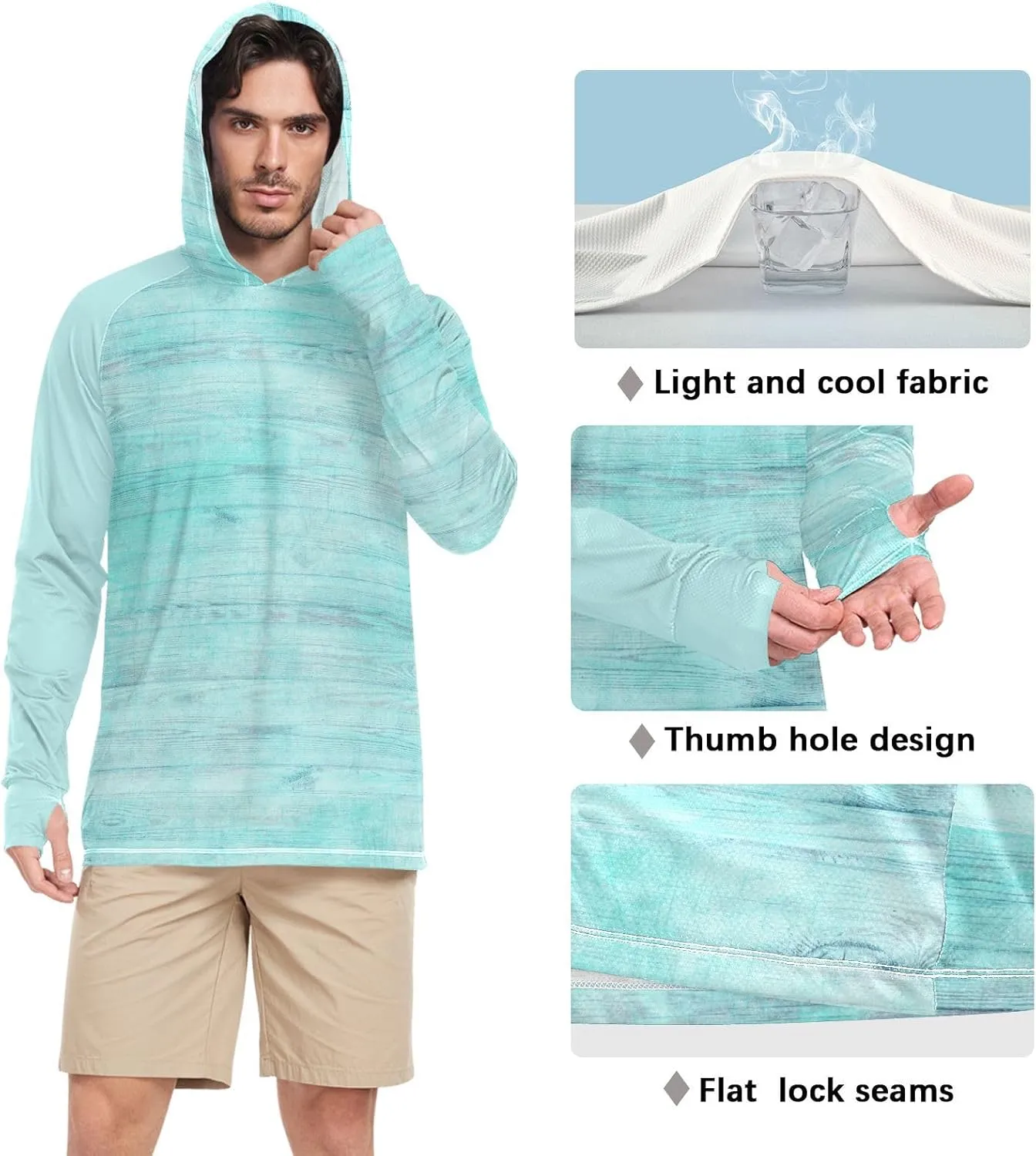 Mens Sun Shirts Protection Long Sleeve Rustic Turquoise Wood Sun Shirt with Hood UPF 50  Hooded Fishing Shirts UV