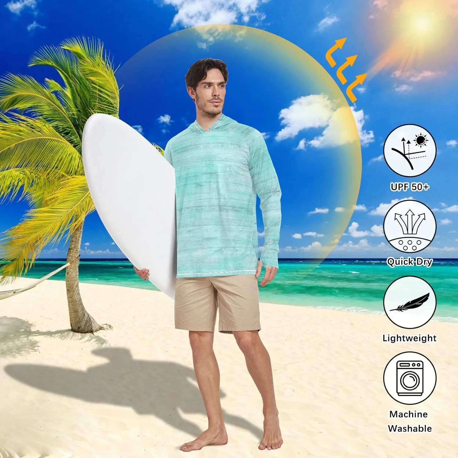 Mens Sun Shirts Protection Long Sleeve Rustic Turquoise Wood Sun Shirt with Hood UPF 50  Hooded Fishing Shirts UV