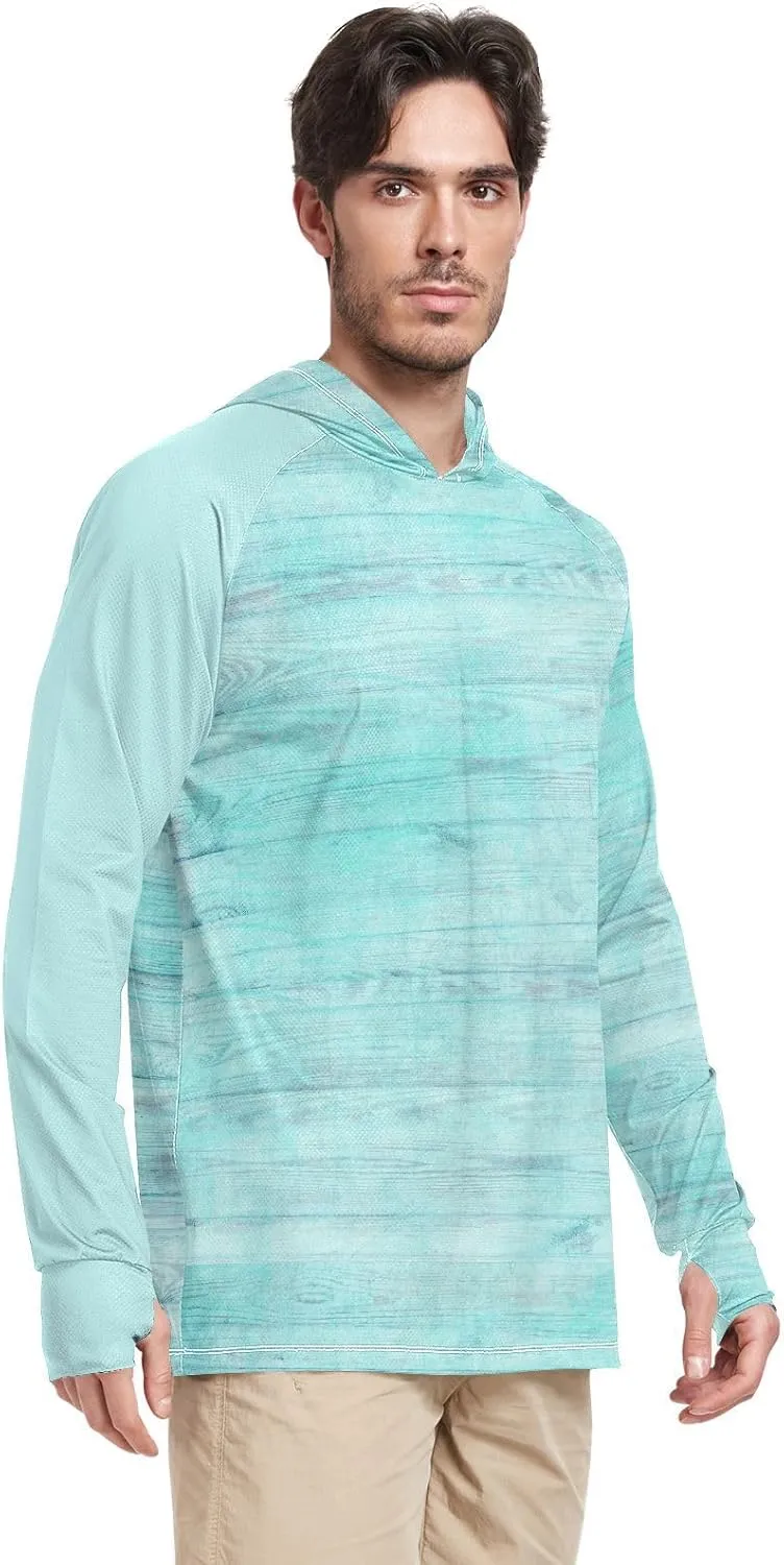 Mens Sun Shirts Protection Long Sleeve Rustic Turquoise Wood Sun Shirt with Hood UPF 50  Hooded Fishing Shirts UV